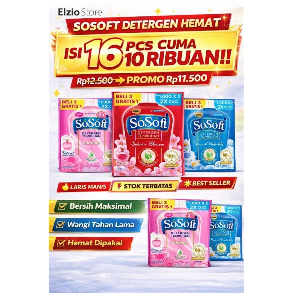 Sosoft Sachet 16 pcs Murah | Detergen Cair Wangi Tahan Lama 10 Ribuan Best Seller