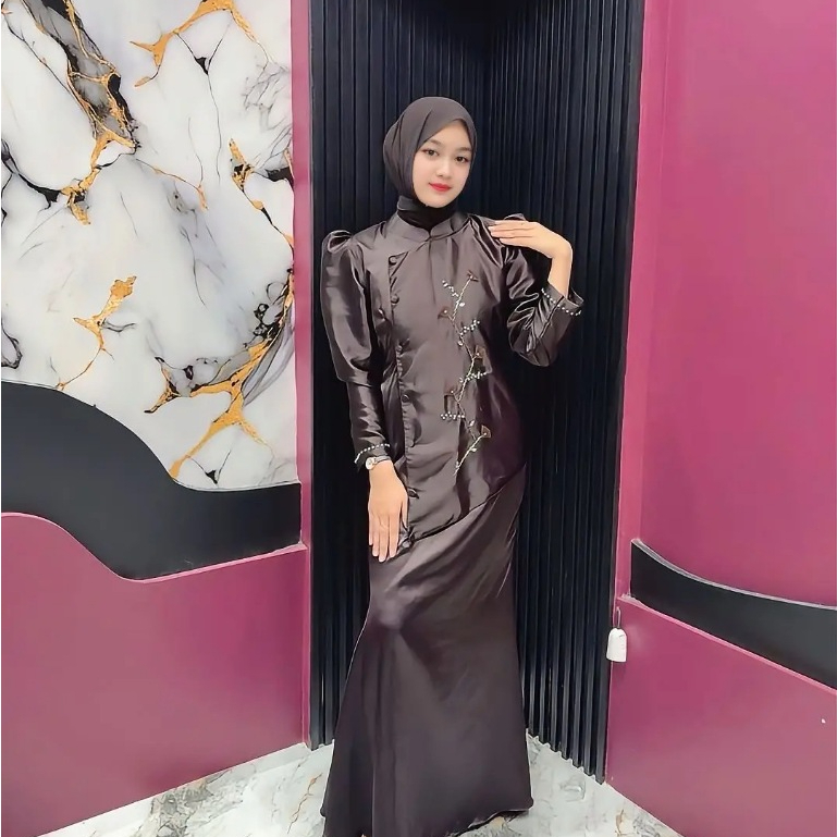 Dress malory bahan satin model rok duyung simple mewah cocok untuk pesta kondangan lamaran