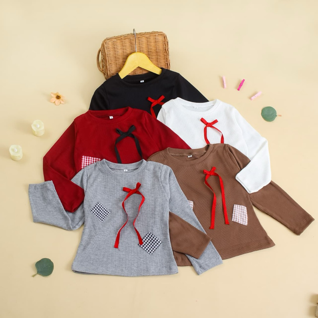 Kaos Anak Rib Knit Lengan Panjang 1-5 Tahun | Baju Anak Perempuan Casual Pita Cute Premium