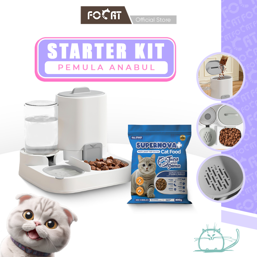 [STARTER KIT] FOCAT Tempat Makan & Minum Otomatis Kucing Anjing M89 Supernova Makanan Kucing Kering Salmon & Tuna 800GR