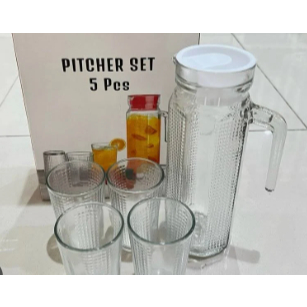 Set Teko 5 in 1| Pitcher Kaca 1 Liter - Material Premium, Desain Elegan, Mudah Dibersihkan