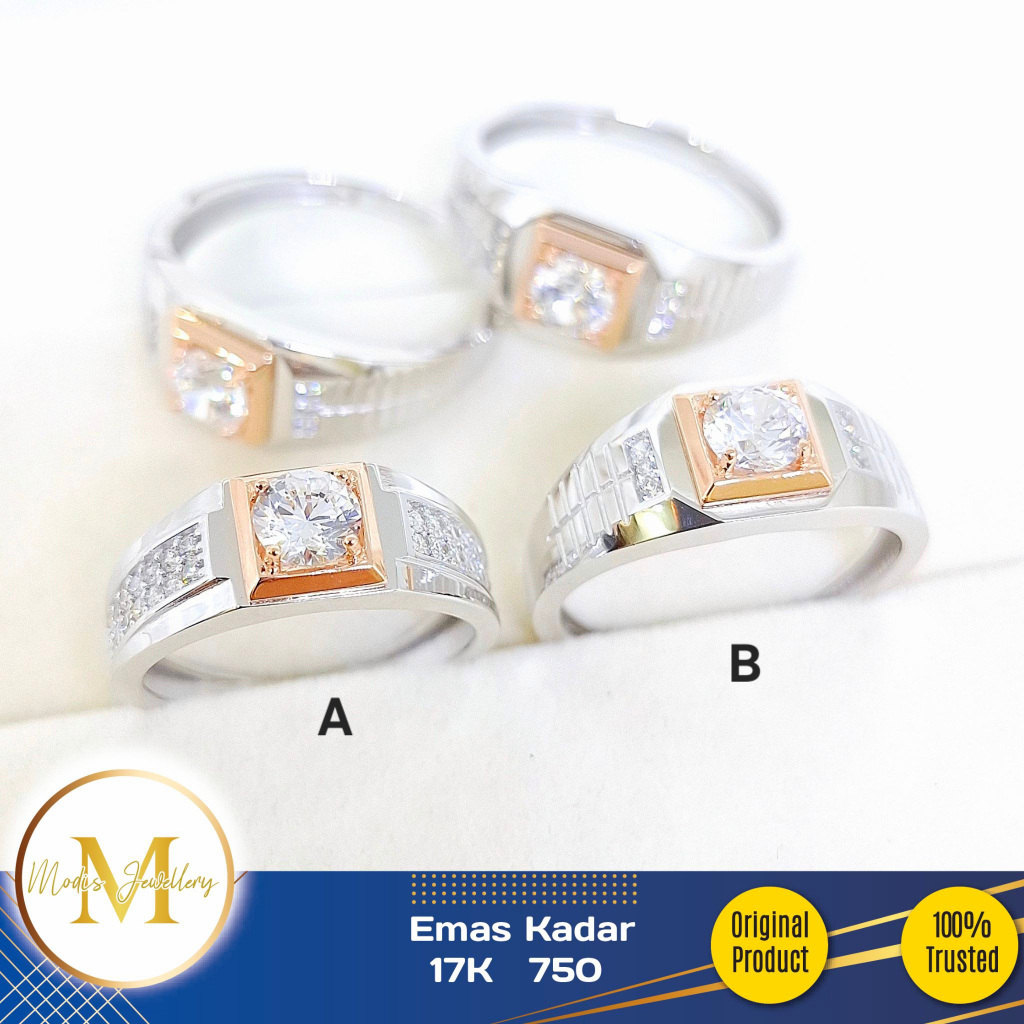 MODIS JEWELLERY - Cincin Pria Kotak Kombinasi Putih  - Emas 17k  750