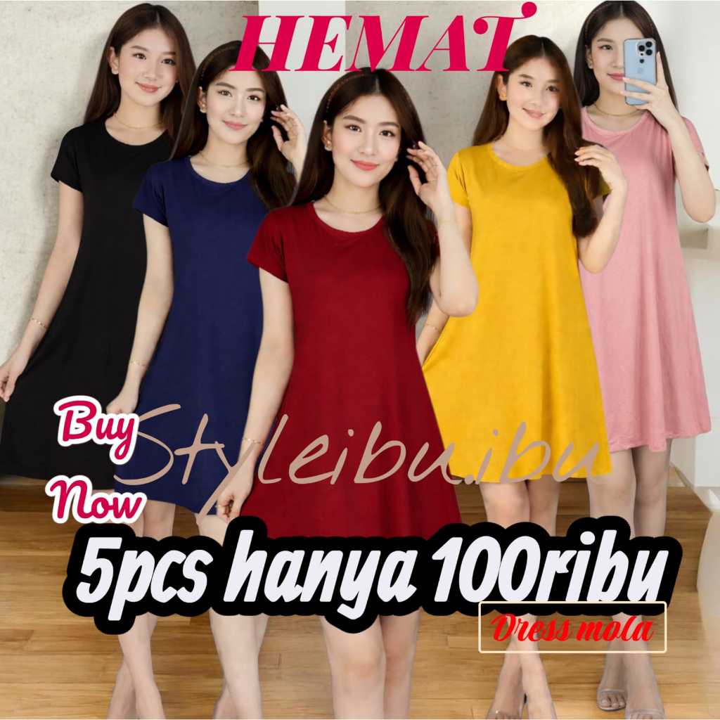 PROMO HEMAT Dress Wanita Mola Polos | Dress Santai Midi | Baju Harian Wanita Nyaman & Stylish