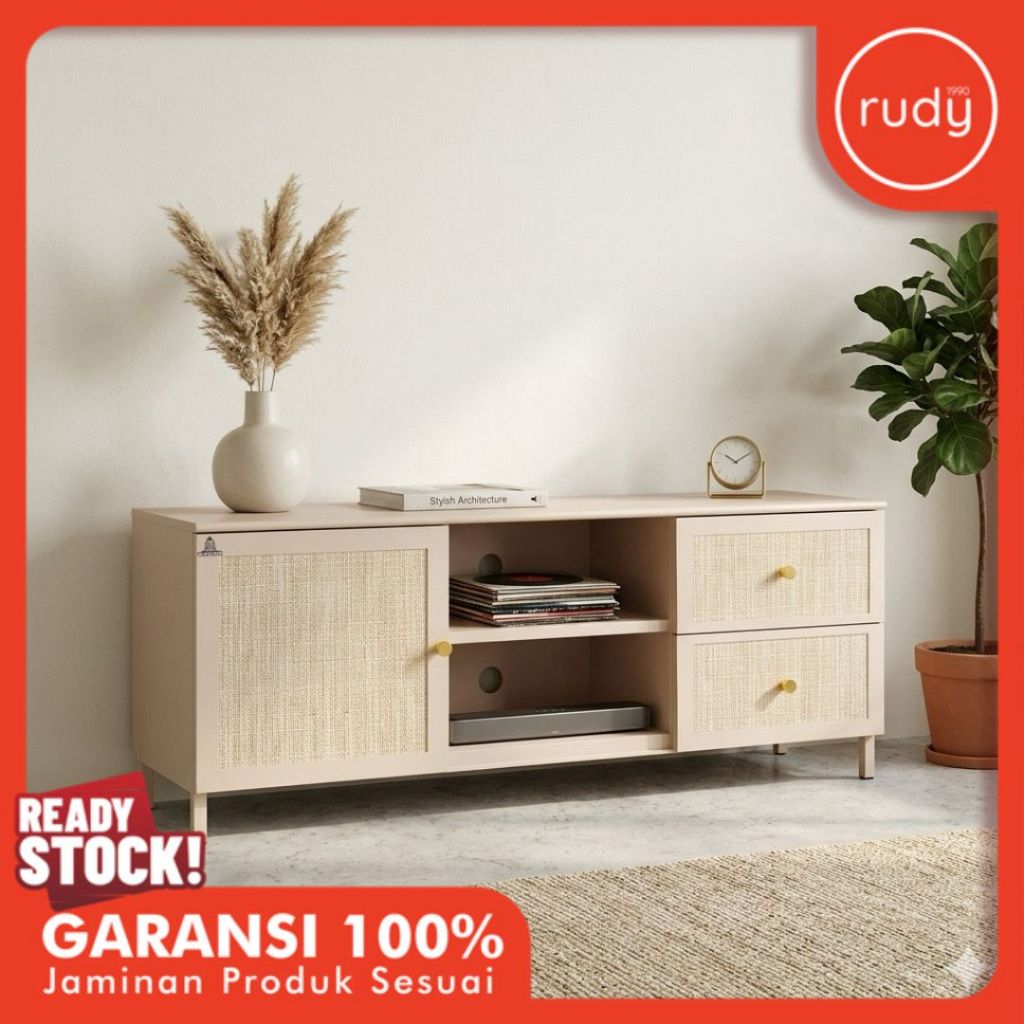 Rak TV Minimalis Olymsteel Besi Rattan AVR 1P2L - Lemari Buffet TV Industrial Modern - Meja TV Rotan