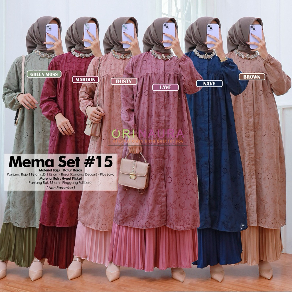 MEMA SET SETELAN TUNIK BORDIR ROK PLISKET ORI NAURA