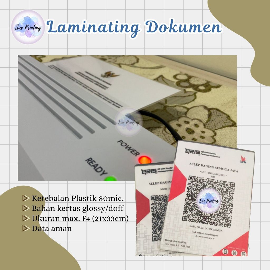 SAE Laminating (Panas) / Tambahan Laminating / Laminating Dokumen / Laminating Cover / Laminating QR