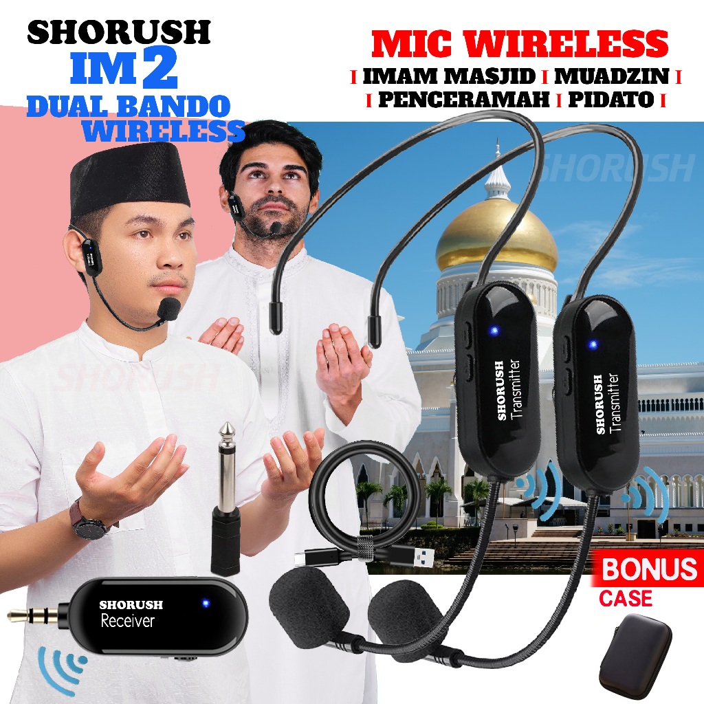 Shorush IM 2 B Mikrofon Mic Clip On Wireless Imam Masjid Microphone Dual Bando Headset Meeting Pidat