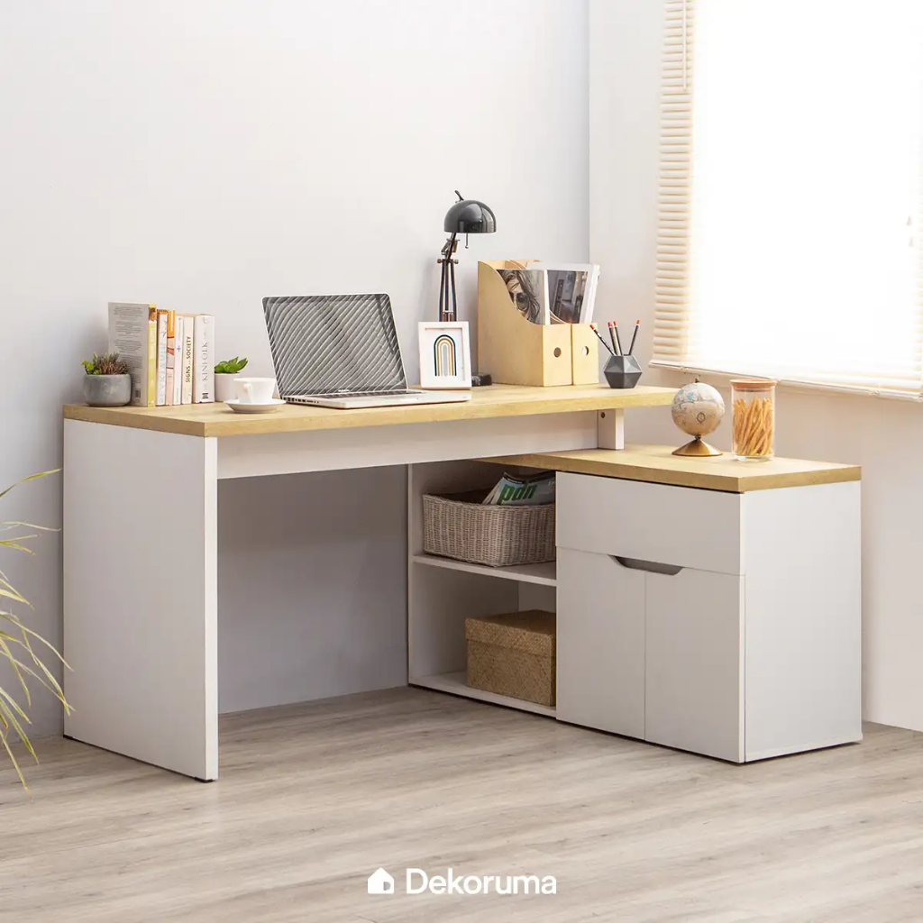 Dekoruma Sano Meja Belajar Minimalis Sudut | Meja Kerja Kayu Putih L dengan Lemari Kabinet dan Rak