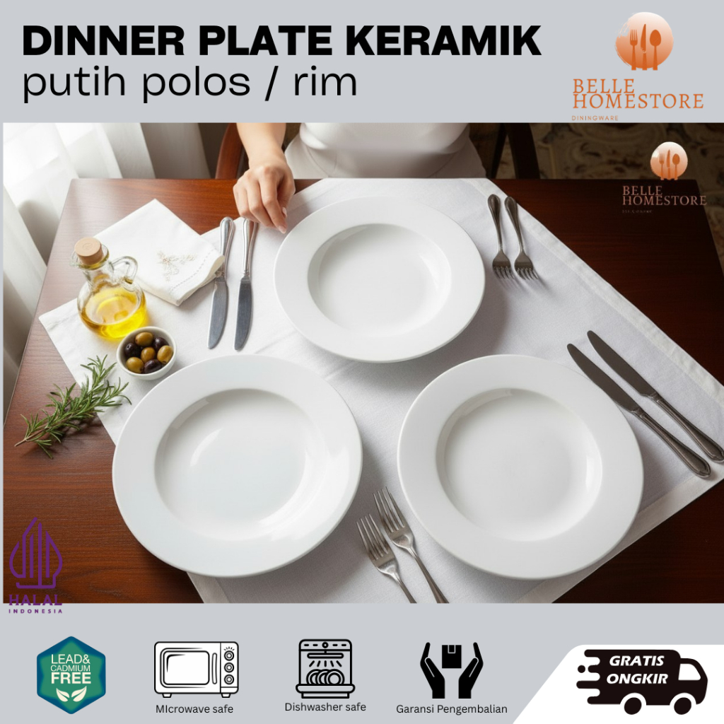 DINNER PLATE PIRING KERAMIK PRASMANAN BESAR HOTEL PUTIH POLOS RIM ROLLED EDGE 26-30cm ANTI SCRATCH P