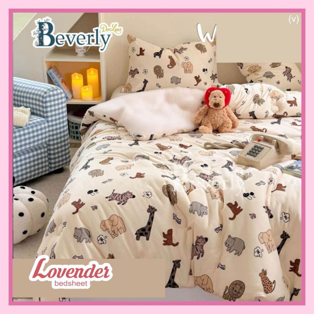 Sprei/Bedcover katun TAIWAN/CVC HALUS pastel cream zoo giraffe elephant jerapah gajah zebra lion sin