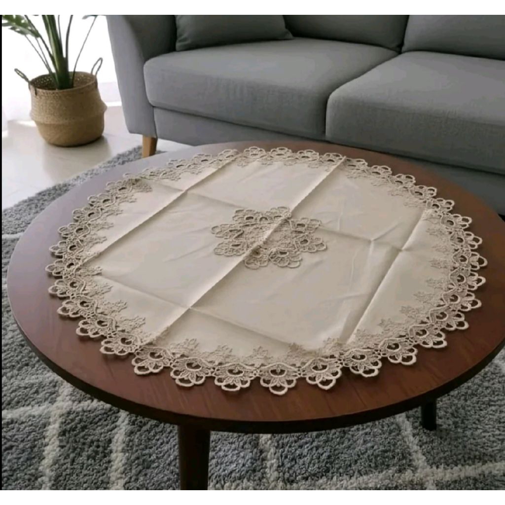 Taplak Meja Tamu Bulat 100cm 120cm Renda Mewah Premium Import Alas Meja Cantik Elegan Minimalis Bund