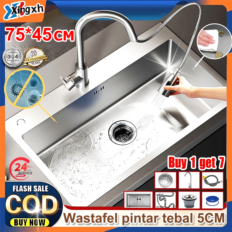 Kitchen Sink wastafel cuci piring stainless (Perak/Hitam) bak cuci piring 75*45 Silver stainless Bak