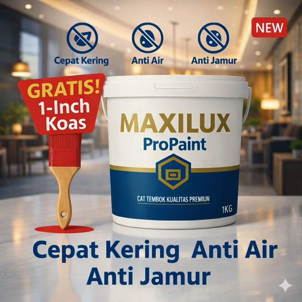 Cat Tembok Premium Maxilux ProPaint 1KG – Cepat Kering, Anti Air & Anti Jamur + Gratis Kuas 1 Inch