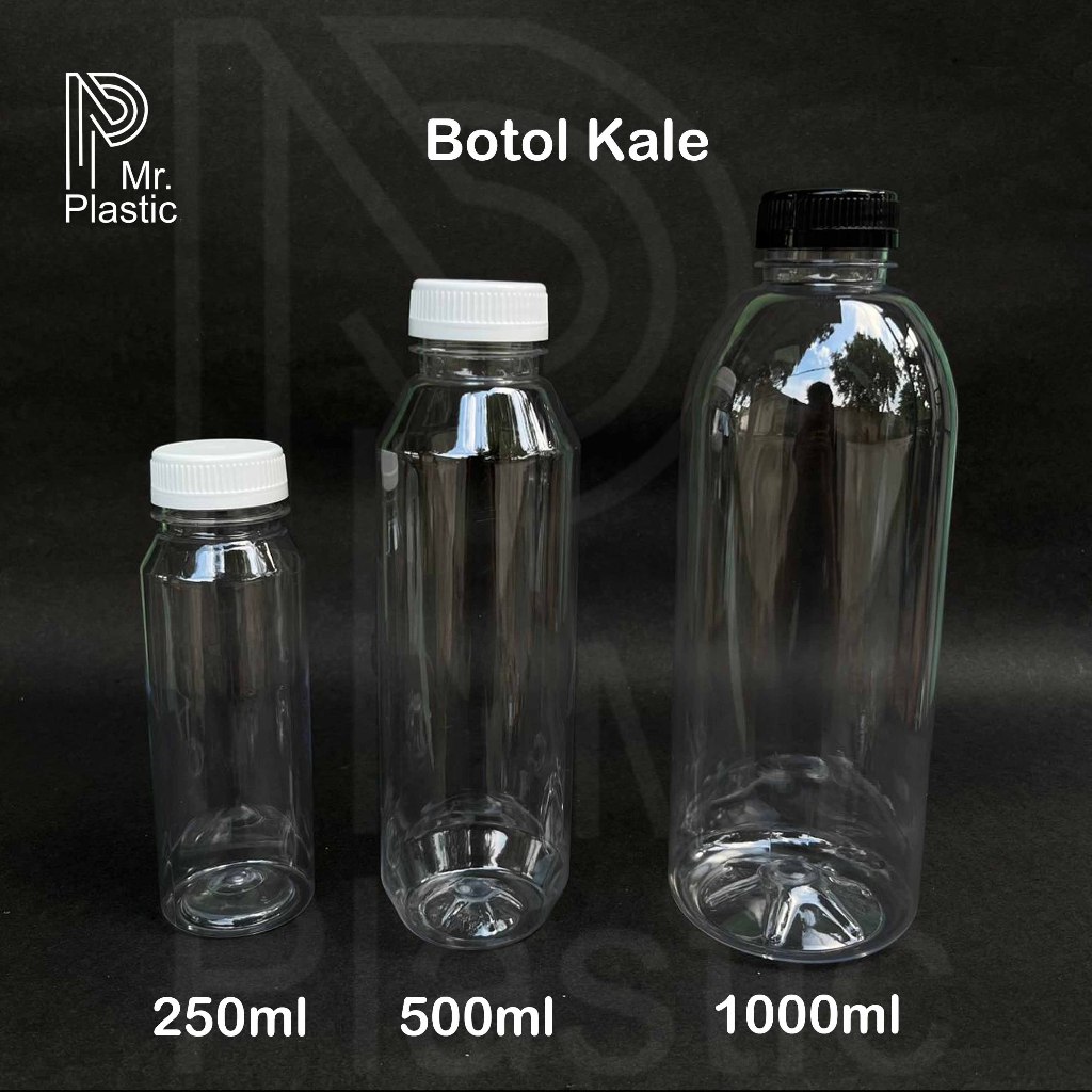 Botol plastik Kale 250ml/500ml/1000ml PET Bening , Tutup Warna Hitam Putih / Botol minuman / Botol J