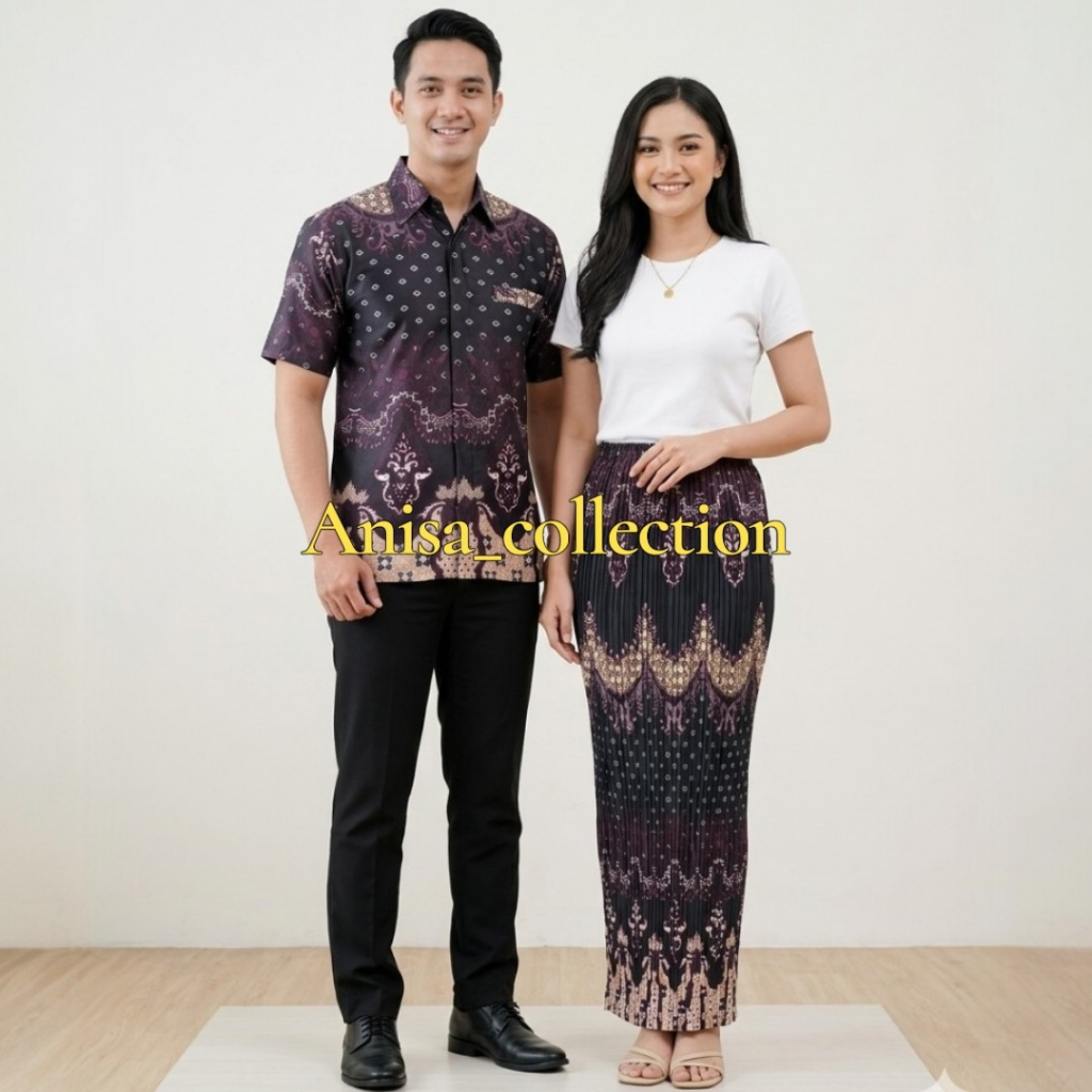 Batik couple kondangan modern setelan kemeja pendek dan rok plisket wanita