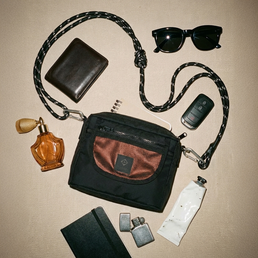 Veyric – Tas Selempang Pria Hitam Merah Bata Simple Fungsional Buat HP Dompet Harian – Inetha Terrac