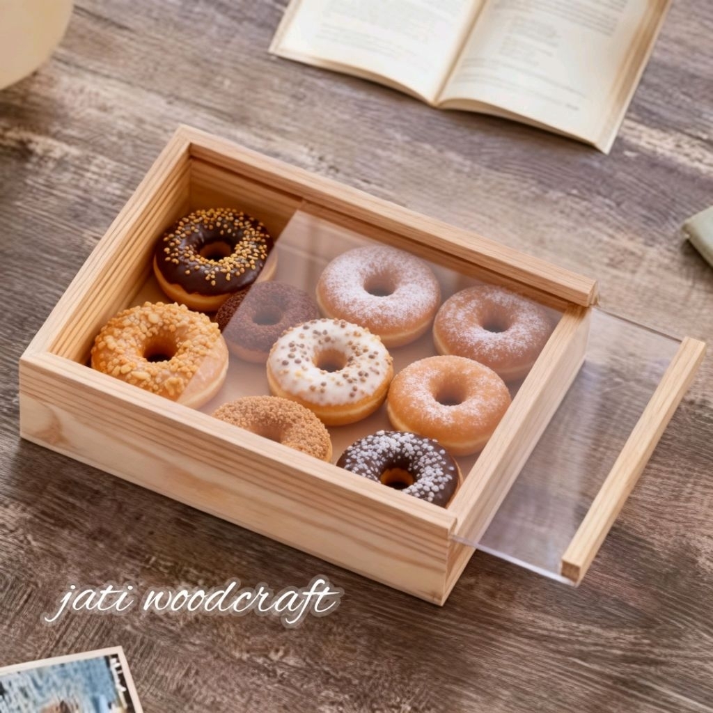 Box Donat Kayu Tutup Akrilik / Display Donat Kayu Dengan Kaki Penyangga / Box Mochi Kue