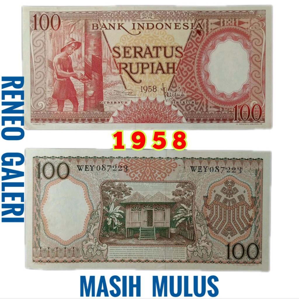 Mulus 100 Rp 1958 Asli Seri Pekerja tangan tahun rupiah uang kertas Kuno duit jadul lawas lama origi