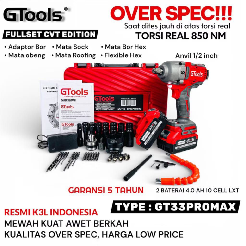 NEW BOR IMPACT JUMBO GT33PROMAX+CVT PEMBUKA BAUT DAN BOR RAJA IMPACT WRENCH JUMBO GTOOLS CVT 850-180