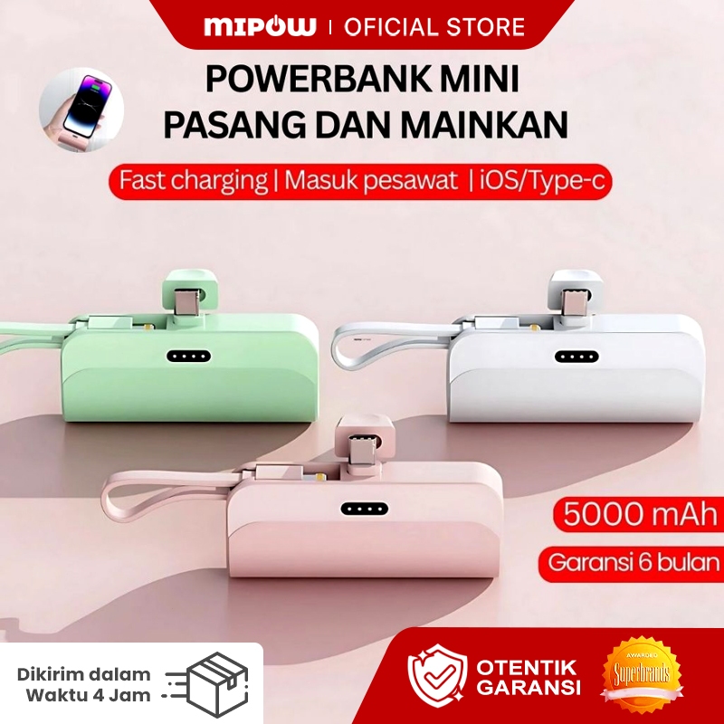 Mipow Mini Powerbank Fast Charging 5000 mAh Power Bank Kapsul Iphone Type C Dengan Kabel Date LED Di