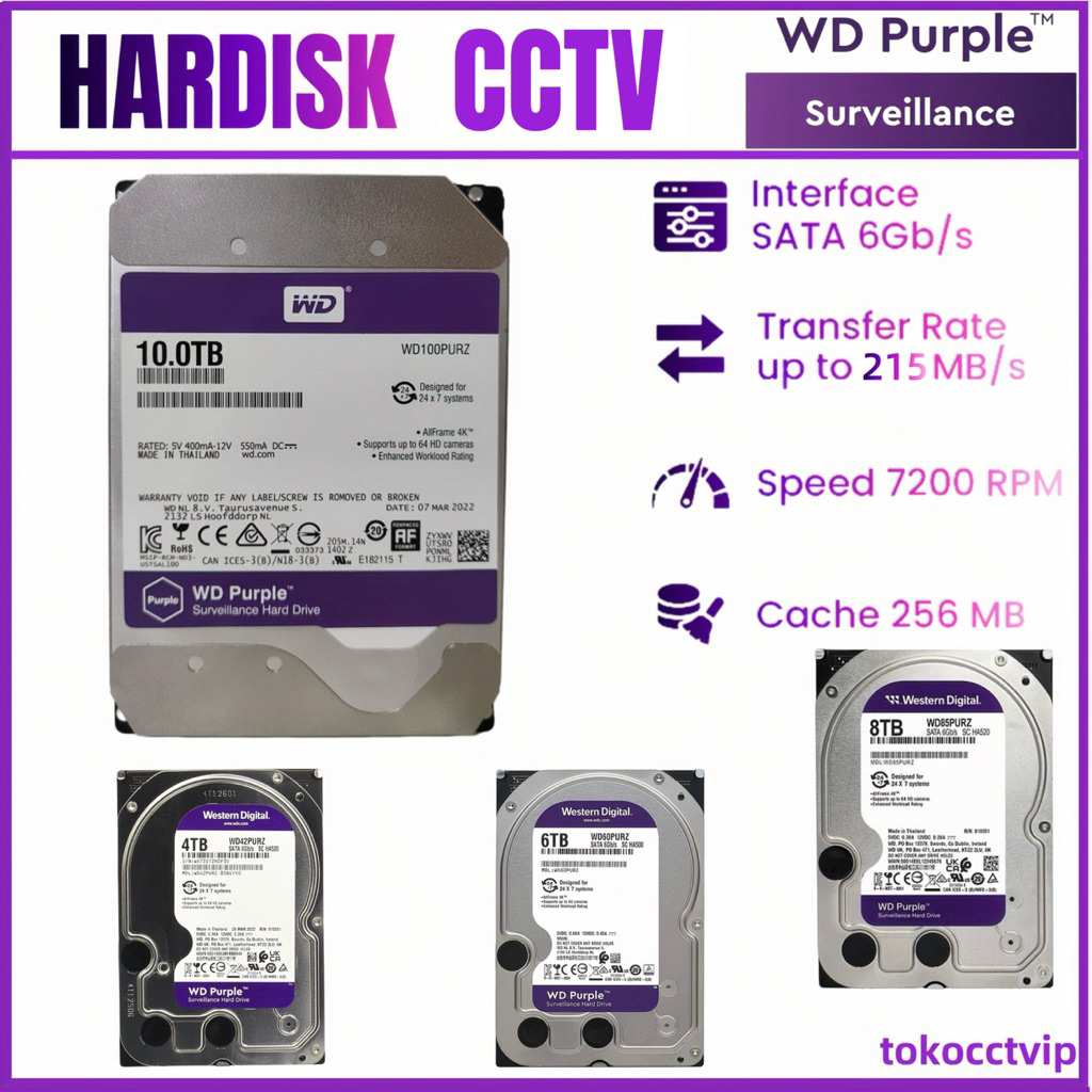 HARDISK CCTV WD PURPLE 4TB - 6TB - 8TB - 10TB GARANSI 1 TAHUN