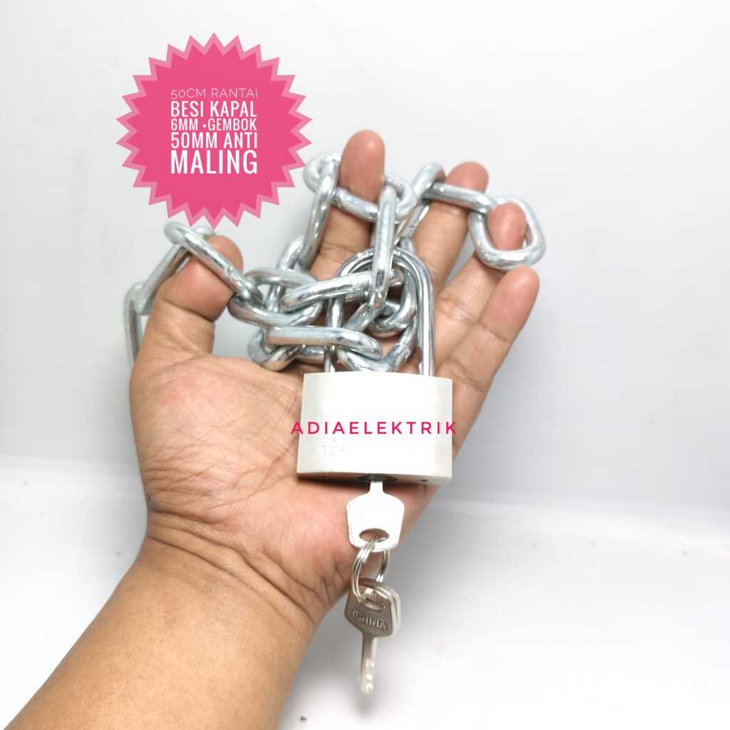 Rantai Besi Kapal 6mm Panjang 50cm + Gembok Anti Maling / Rante + Gembok / Rantai Pagar / Rantai Dan