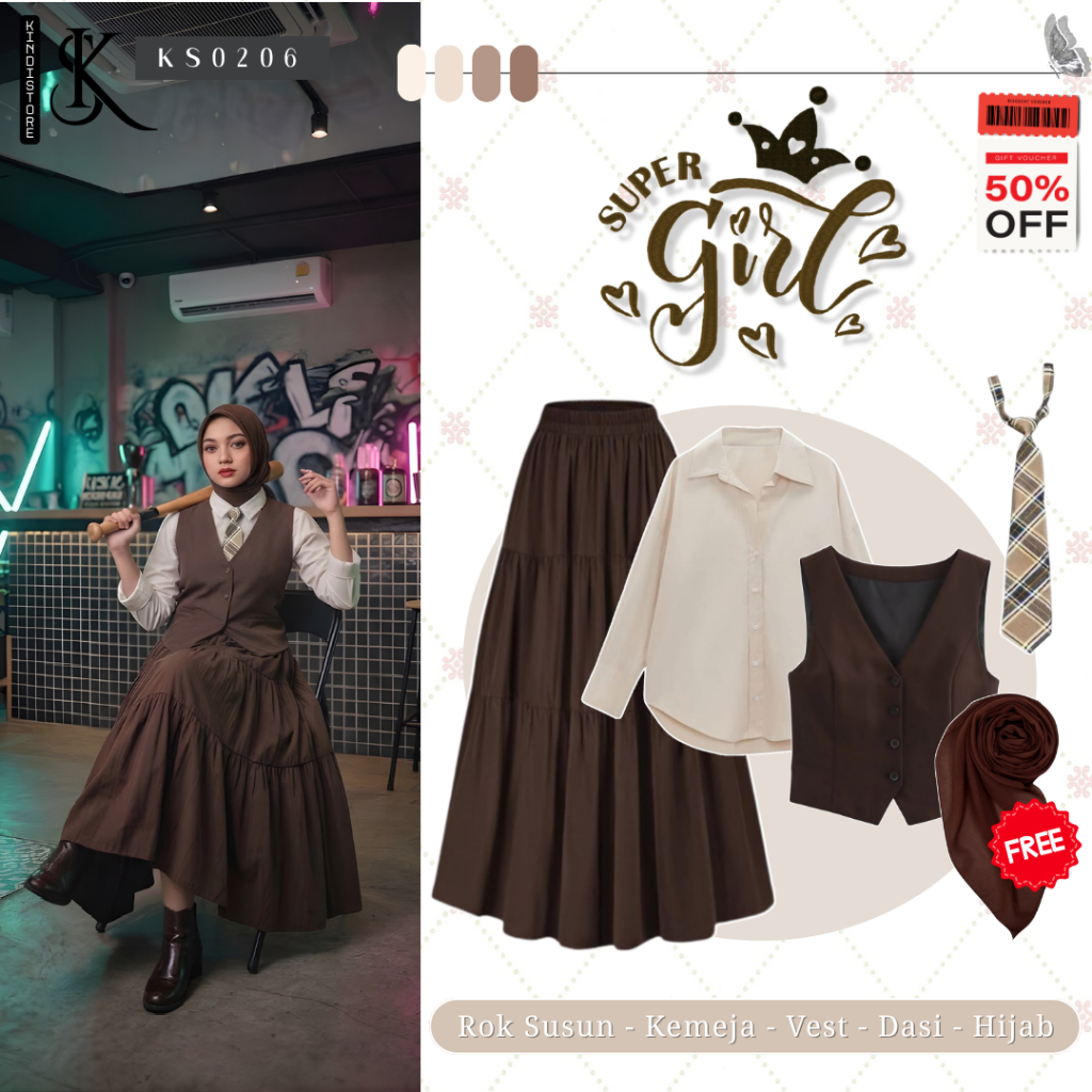 4in1 Set Outfit Yearbook Enola Holmes [ Vest, Rok Susun, Kemeja, Dasi, FREE Hijab ] One set KS0206