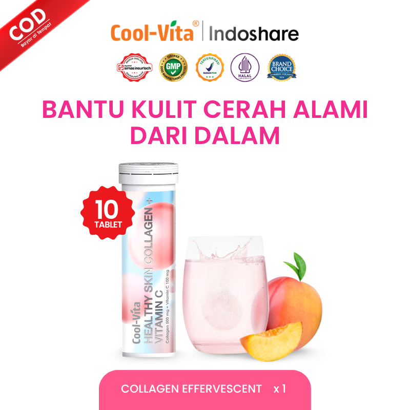 [1 Tube - 10 Tablet] Coolvita Paket Cerah Bersinar 30 Hari Collagen Effervescent Rasa Peach Untuk Ku