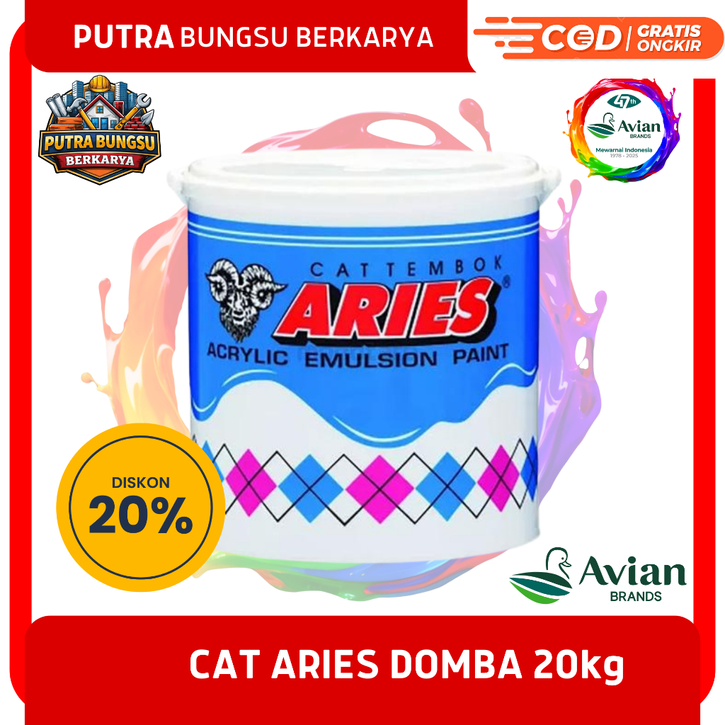 ARIES Avian Cat Tembok & Plafon 20Kg – Cocok untuk Triplek, Hasil Halus, Harga Ekonomis