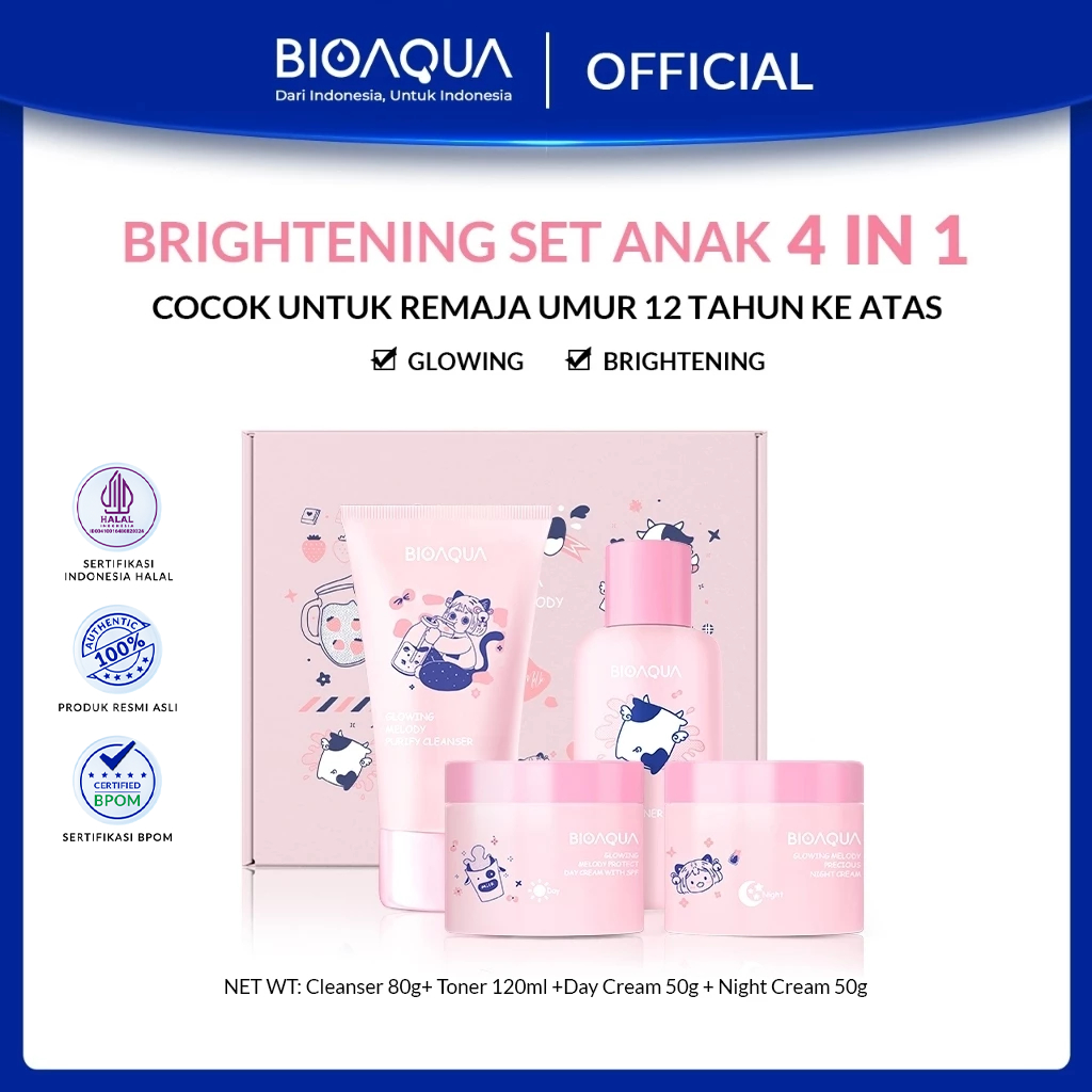 BIOAQUA Skincare Set Anak Paket 4pcs With Cleanser 80g + Toner 120ml+ Sunscreen 50g + Night  Cream 5