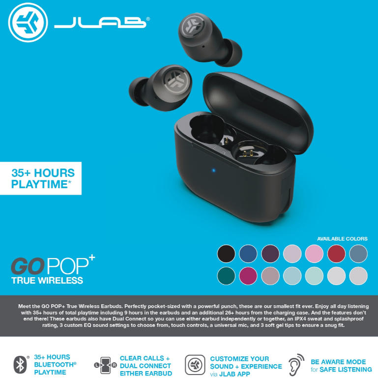 JLab GO POP+ TWS True Wireless Bluetooth Earphone Earbuds Wireless