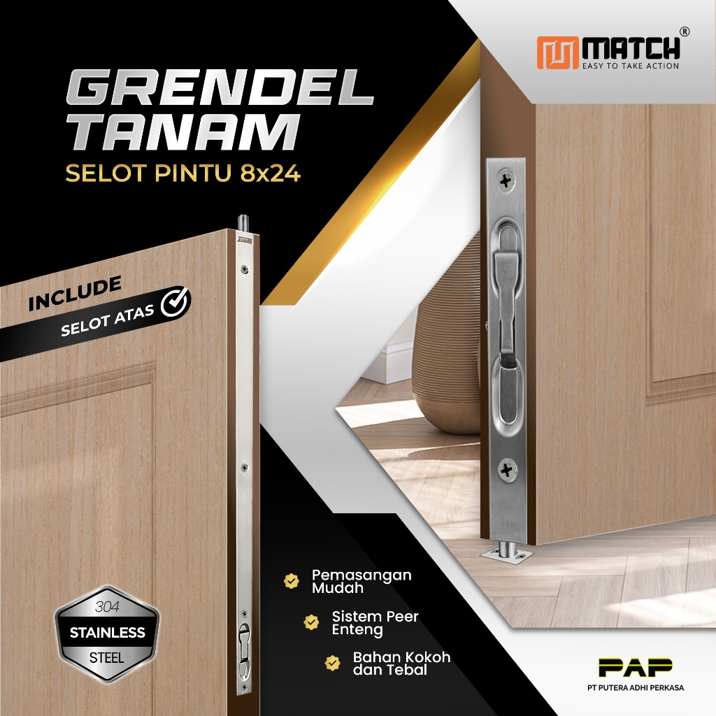 Grendel Tanam Stainless 8x24 (60 x 20 cm) Pengunci Pintu Kupu Tarung Gerendel Tanam 3258