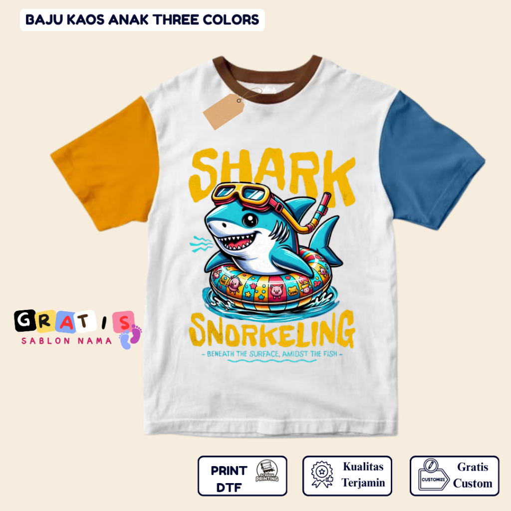 shabira tas  - Kaos Anak SHARK SNORKLING  - Kaos Anak Pendek Three Colors Dino - Kaos Anak Sablon Na