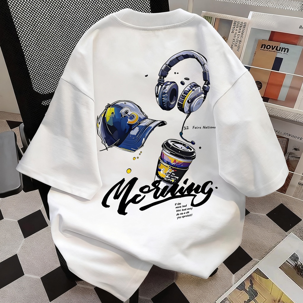 kaos Oversize Pria Motif Morning Headset Kopi Aesthetic Putih Kaos Distro Streetwear