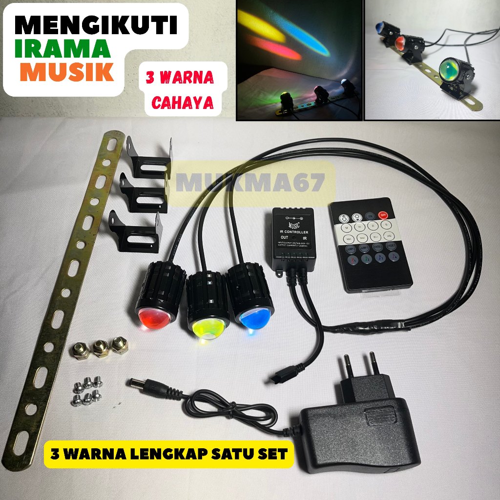 Lampu Led Ikuti Irama Musik 3 Warna Lengkap Satu Set Dilengkapi Holder Tambahan