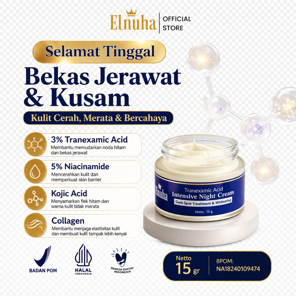 Cream Penghilang Flek Hitam, Bekas Jerawat 15 gr BPOM HALAL - ELNUHA Intensive Night Cream