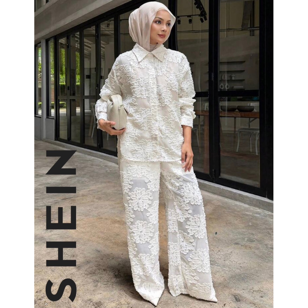 SHEIN One set Women's Collared Jacquard Single-Breasted Long Sleeve Top And Wide-Leg Pants Fashion C