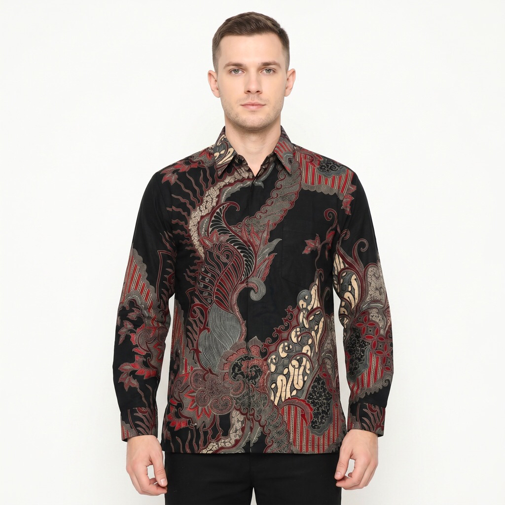 |Magnus| Kemeja Batik Pria Lengan Panjang Bahan Dobby Serat Motif Respati Warna Hitam Lapis Furring 
