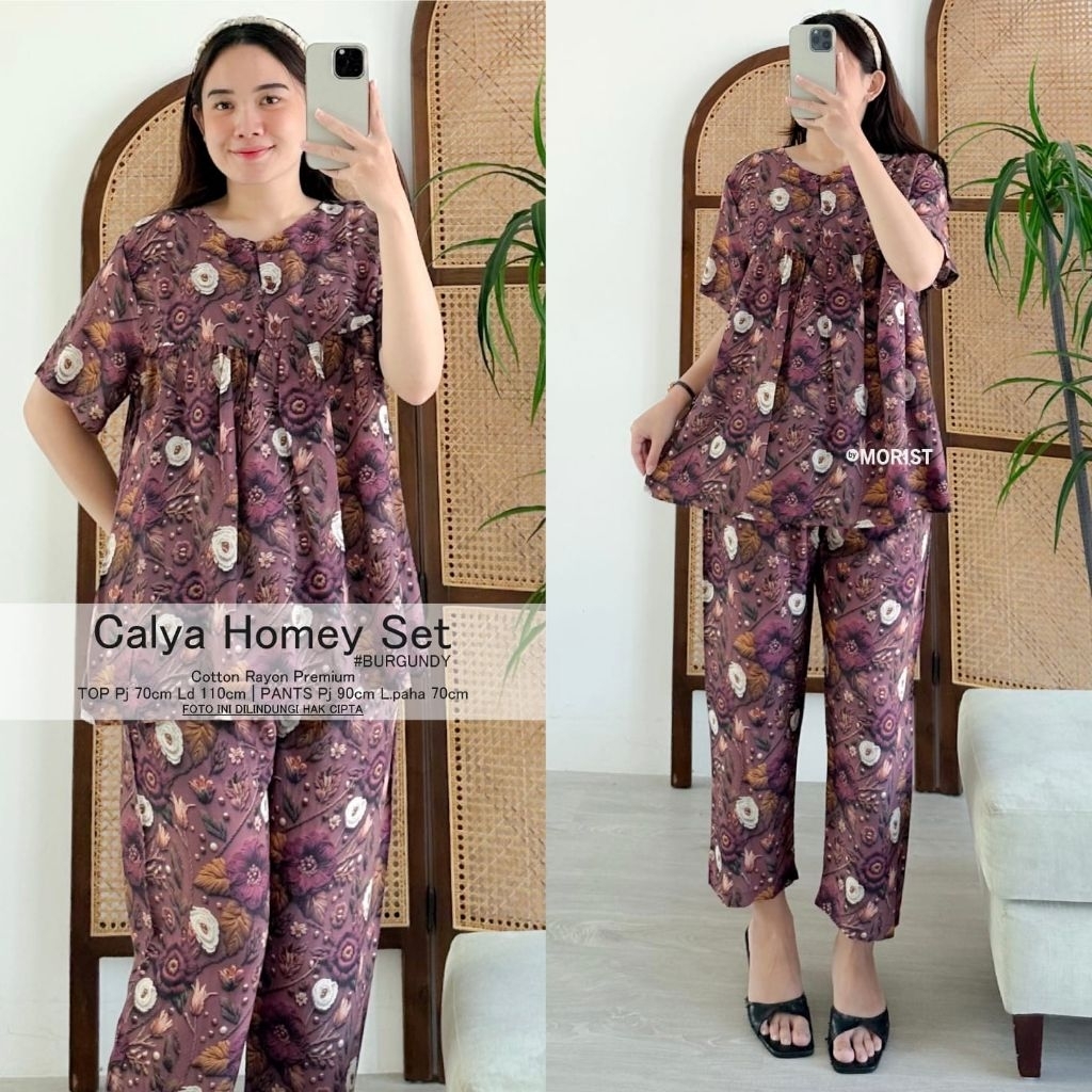 85. ELIFA fabla piyama baby doll setelan blus lengan pendek busui + celana panjang bahan rayon motif