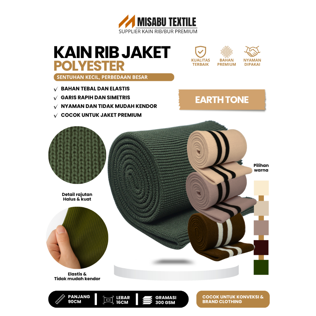 Misabu Textile | Rib jaket earth tone tebal meteran untuk lengan jacket bomber parasut varsity rajut