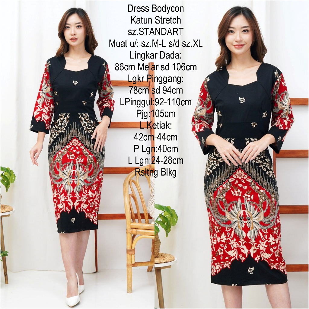 Dress Batik Wanita Remaja Modern Merah Putih Baju Terusan Ketat Sexy Red White Dress Bodycon slimfit