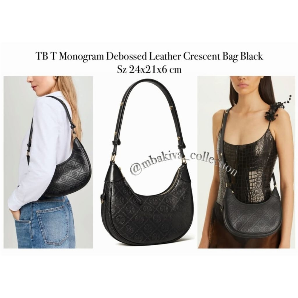TB T Monogram Debossed Leather Crescent Bag Black
