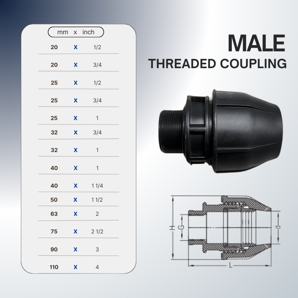 Sock Drat Luar hdpe 25mm x Drat 3/4 inch | SDL 25 x 25mm | Male adaptor Hdpe 25mm x Drat 25mm