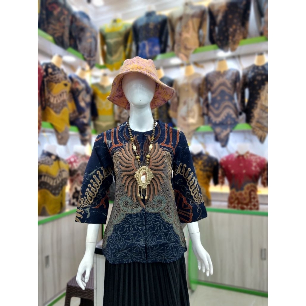 BLOUSE BATIK ATASAN WANITA QISTINA BATIK MOTIF PISANG BALI WARNA NAVY BAHAN KATUN HALUS FULL LAPISAN