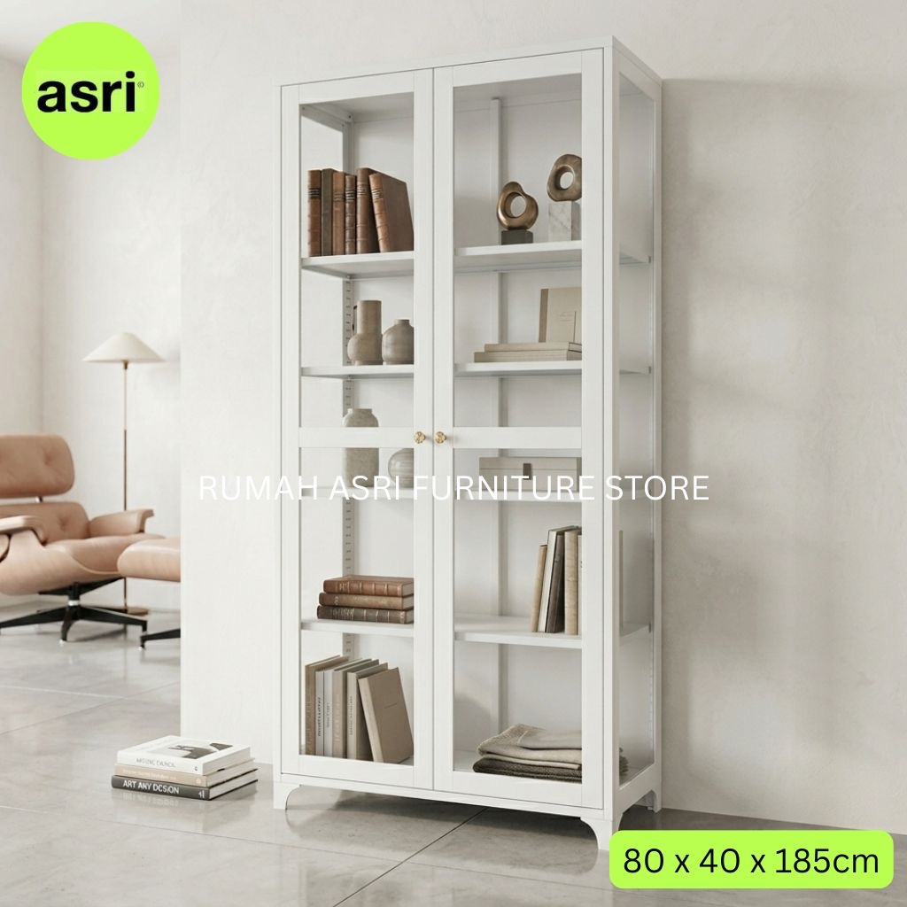 Lemari Hias Showcase Besi 2 Pintu Kaca Bening 80cm Rak Pajangan Kokoh Anti Rayap