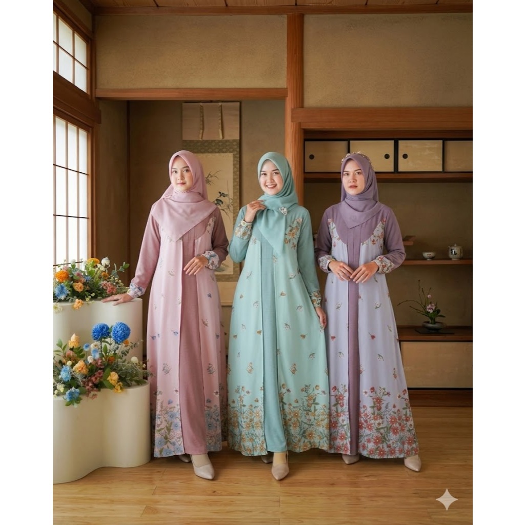 GAMIS DRESS KOREAN STYLE MOTIF FLORAL BUNGA KEKINIAN GAYA ANAK MUDA REMAA CHIC BAHAN CRINKLE PREMIUM
