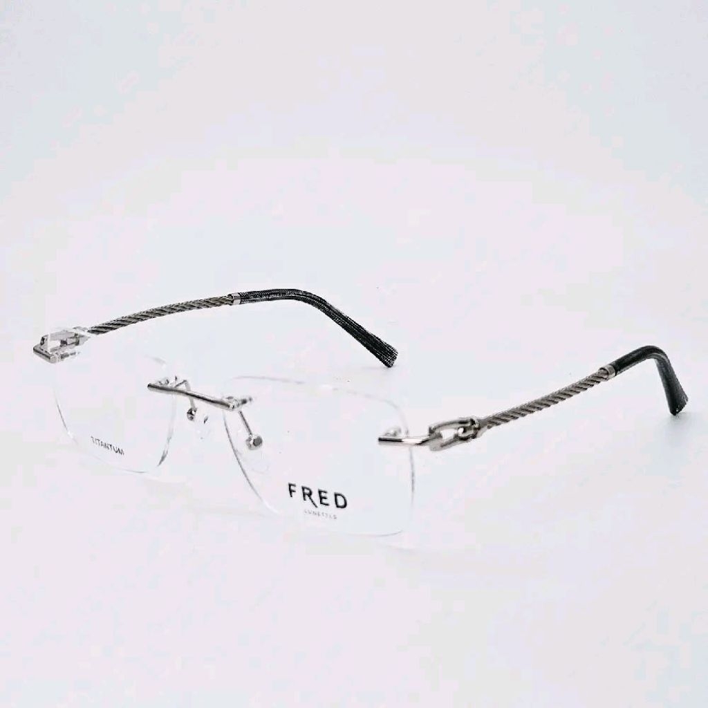 Frame Kacamata Pria Wanita Elegan Kotak Fred Frameless Bor Titanium FR25611 Silver Bisa Lensa Photoc