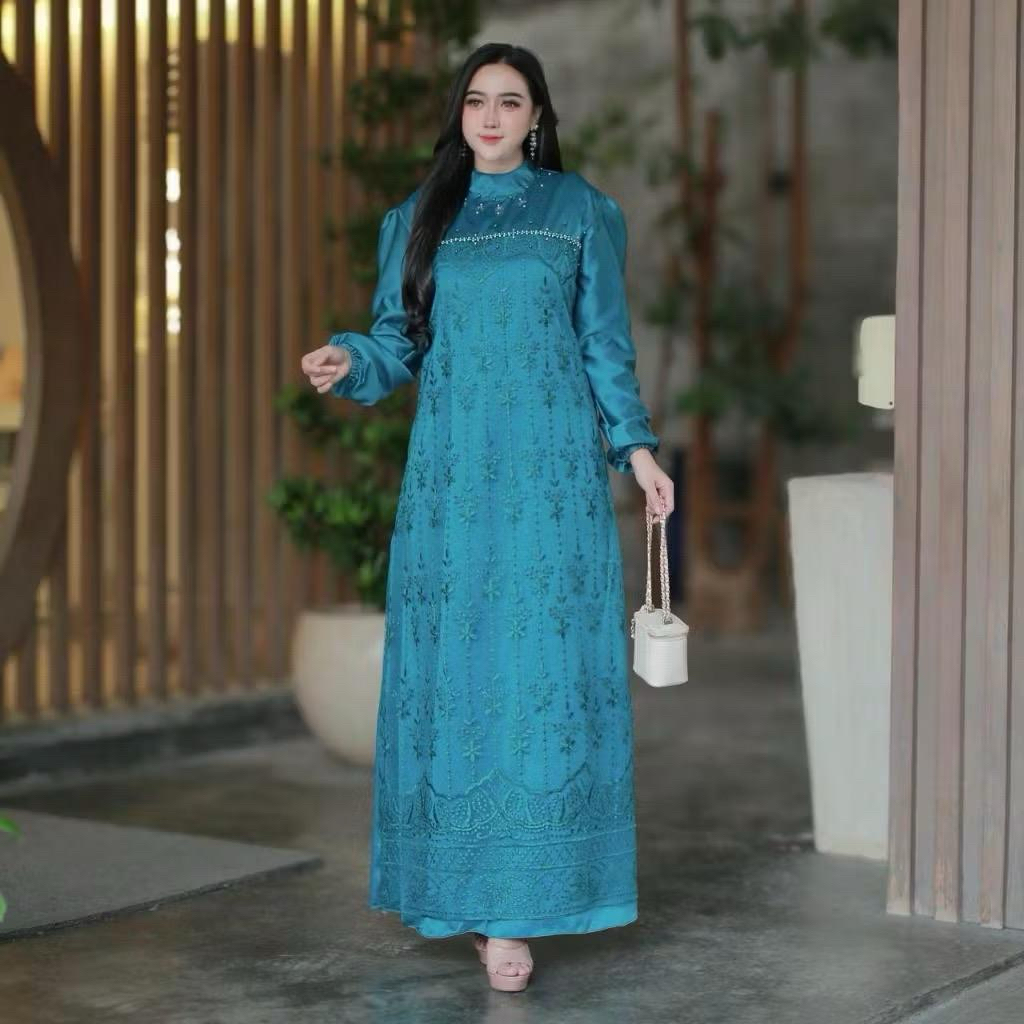 Rianti Dress Muslimah Premium Gamis Brukat Payet Mutiara Gamis Pesta Satin Silk Baju Pesta Formal El