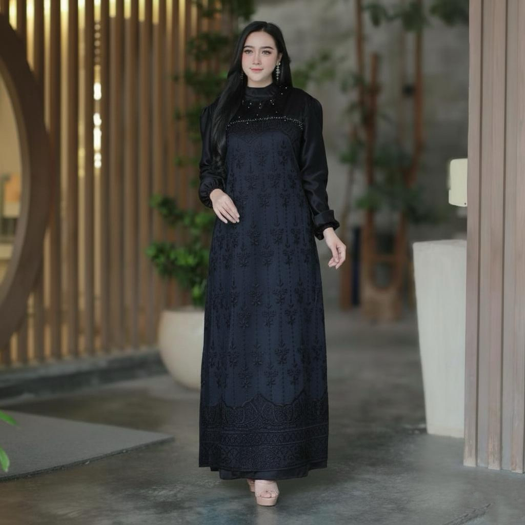 Rianti Dress Gamis Hitam Mewah Brokat Premium Dress Kondangan Jet Black Elegan Baju Gamis Pesta Wani