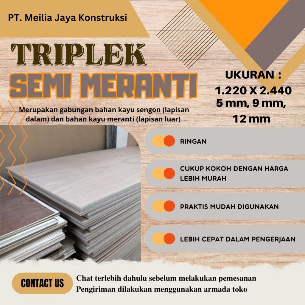 Triplek Semi Meranti 5 mm, 9 mm, 12 mm (1.220 mm x 2.440 mm)
